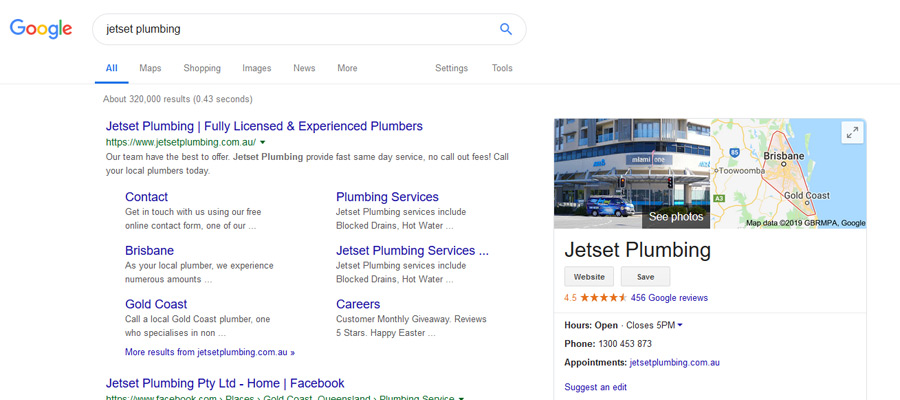 Google business listing for a plumber